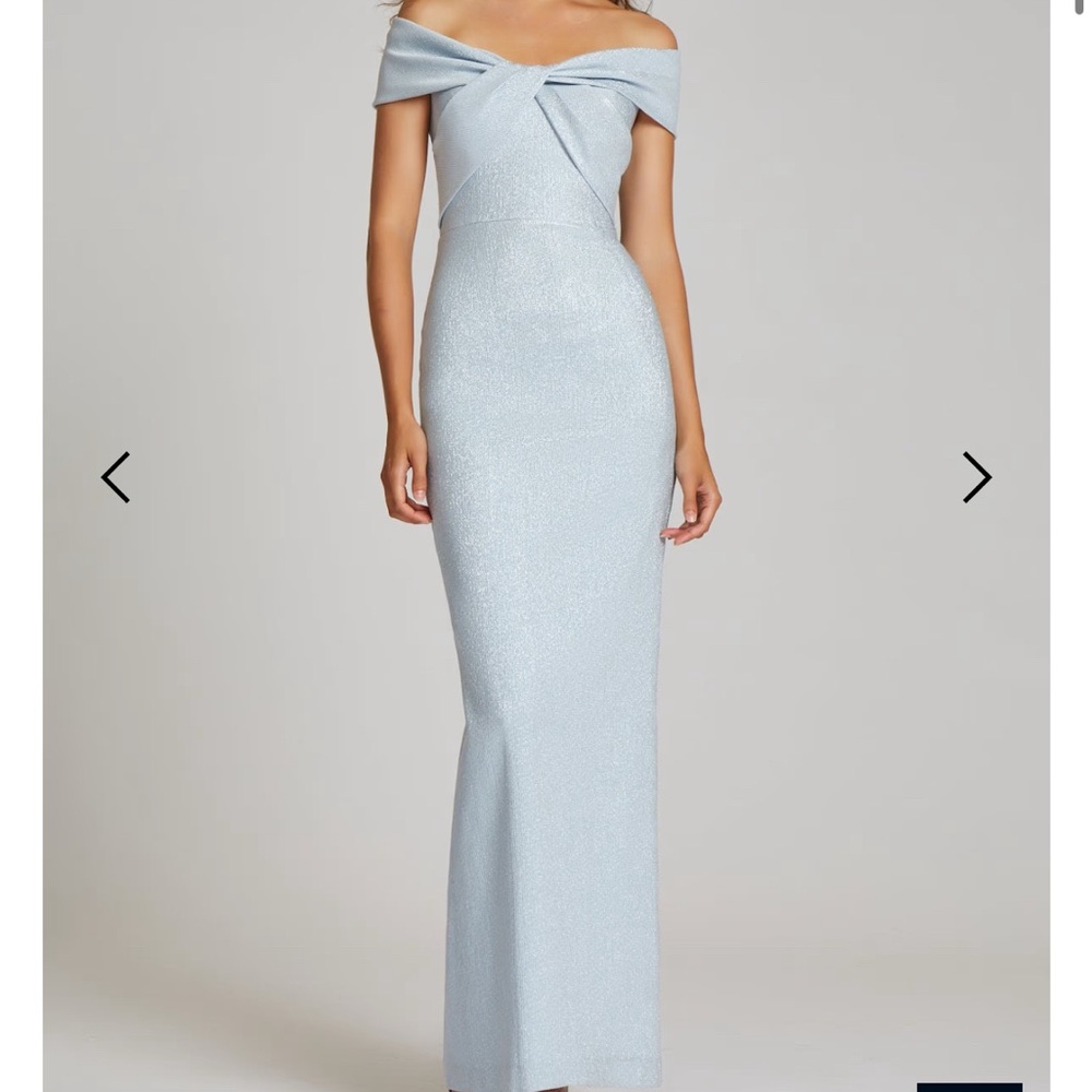 Teri Jon Blue Off-Shoulder Sleeveless Gown